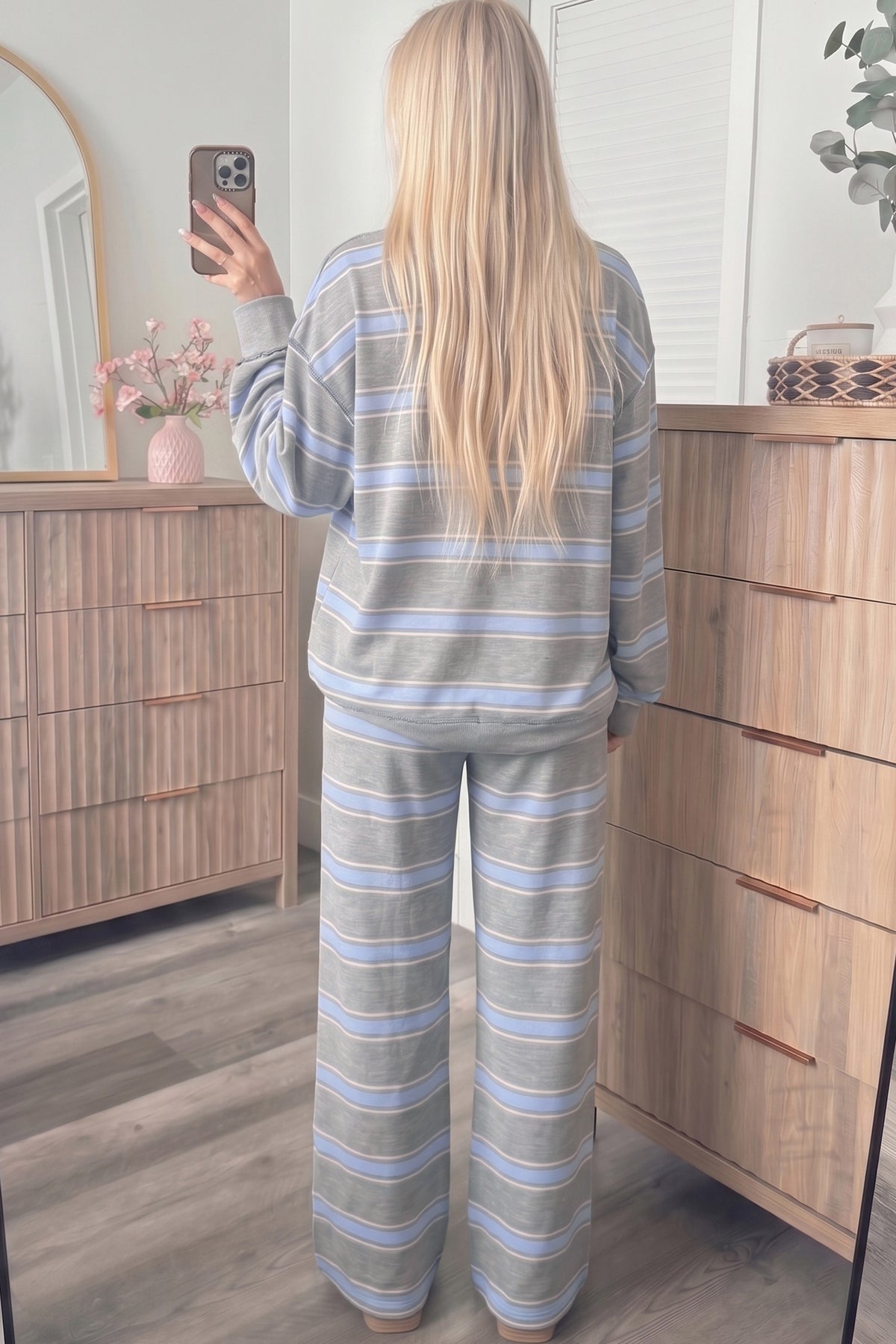 Pink Stripe Mock Neck Long Sleeve Pullover Top and Loose Pants Set