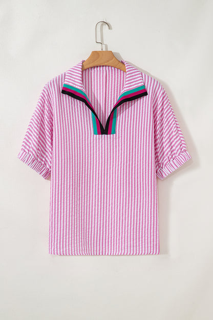 Sachet Pink Striped Print Contrast Split Neck Dolman Sleeve Blouse