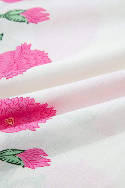 Pink Wild Flower Print Contrast Trim Scallop Detail Short Sleeve Blouse