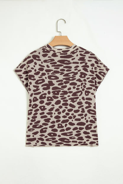 Khaki Leopard Print Short Sleeve Knit Loose Pullover Sweater