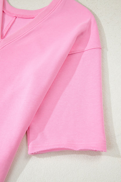 Pink Solid Color Raw Edge Half Sleeve Pocketed Loose Romper