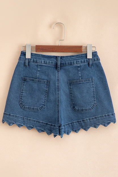 Sail Blue Scalloped Hemline Acid Wash High Waist Denim Shorts