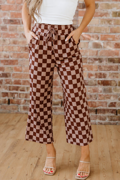 Sky Blue Checkered Elastic High Waist Loose Casual Pants