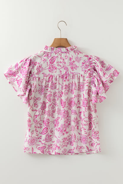 Pink Baroque Floral Ruffle Sleeve V Neck Blouse Top