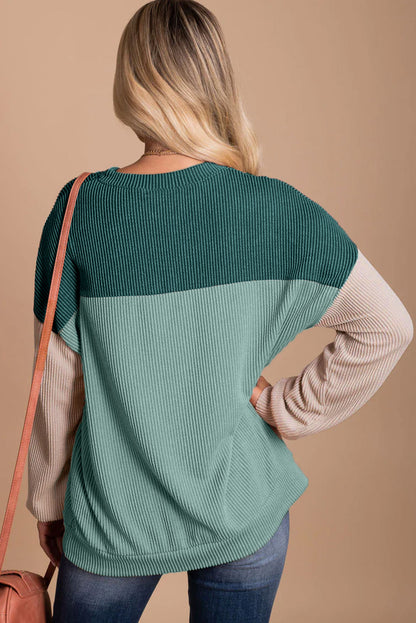 Multicolor Color Block Long Sleeve Ribbed Loose Top