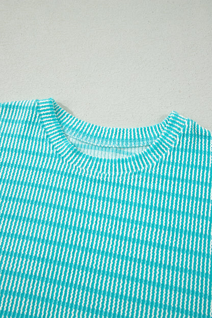 Rose Stripe Raised Rib Loose Tee Drawstring Elastic Waist 2pcs Short Set