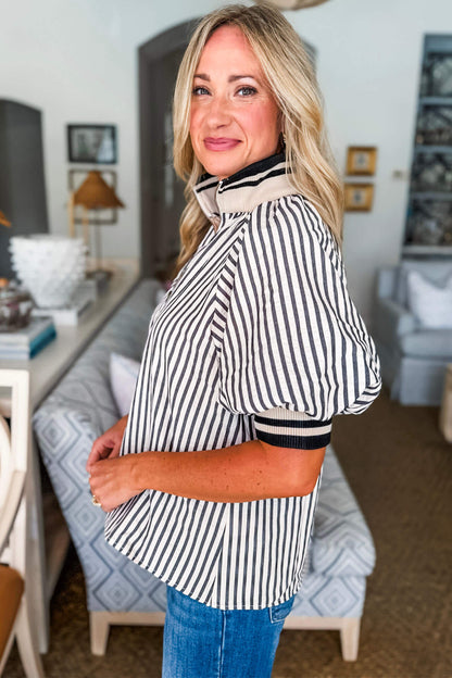 Black Stripe Polo Collar Half Zip Short Puff Sleeve Blouse
