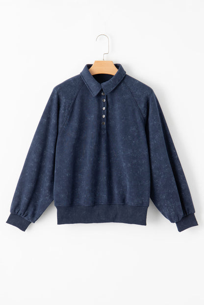 Blue Washed Snap Buttons Lantern Sleeve Pullover Sweatshirt
