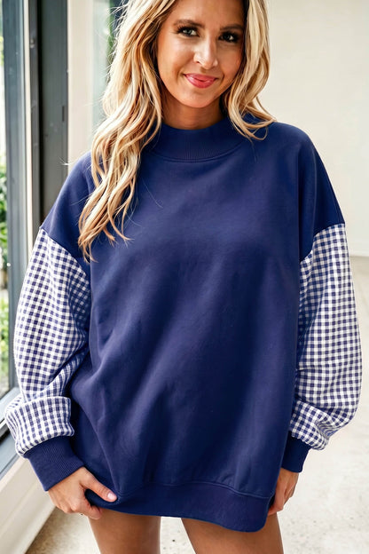 Pink Plaid Sleeve Colorblock Loose Tunic Sweatshirt