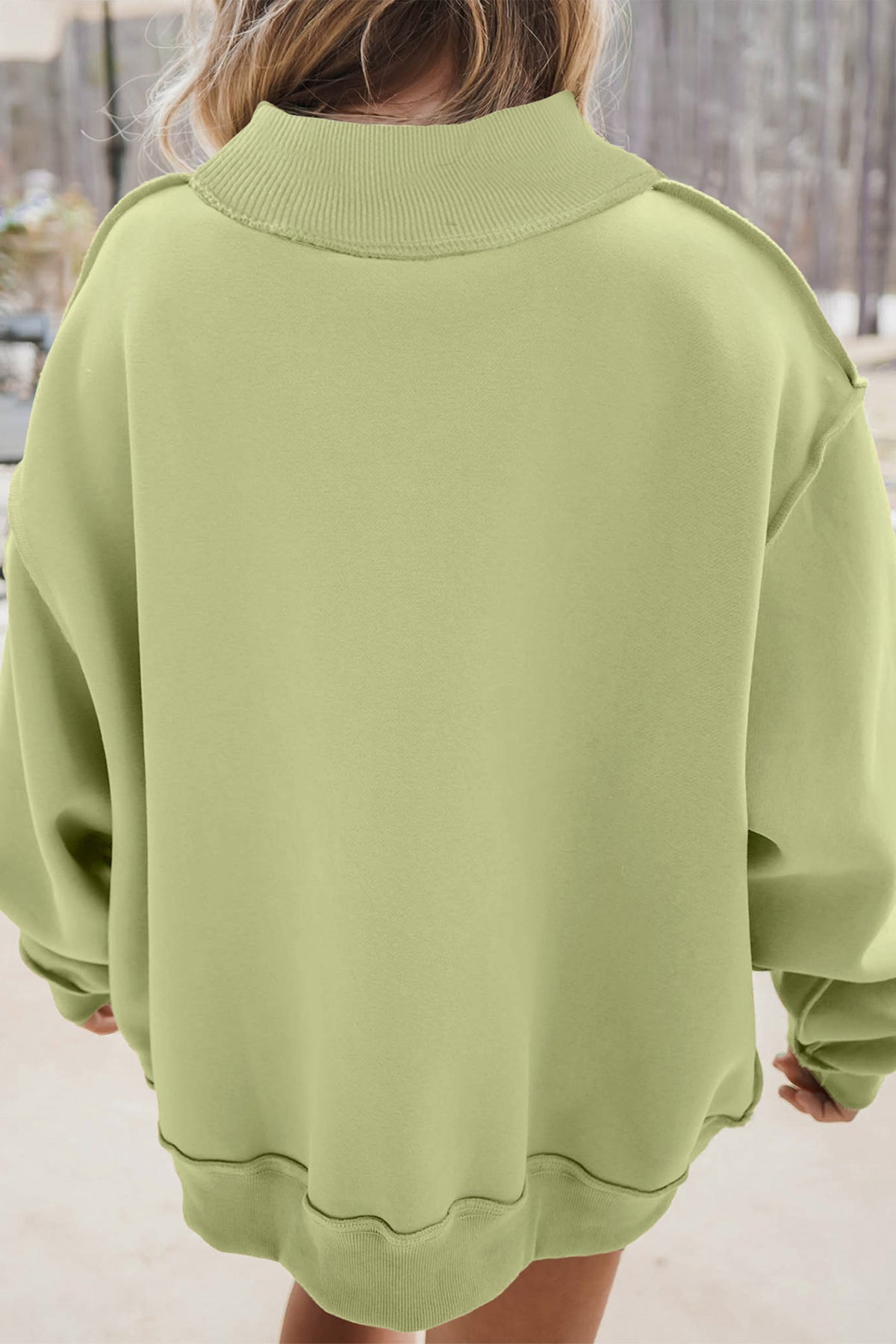 Banana Cream JESUS Letter Patch Graphic Exposed Seam Mock Neck Baggy Sweatshirt