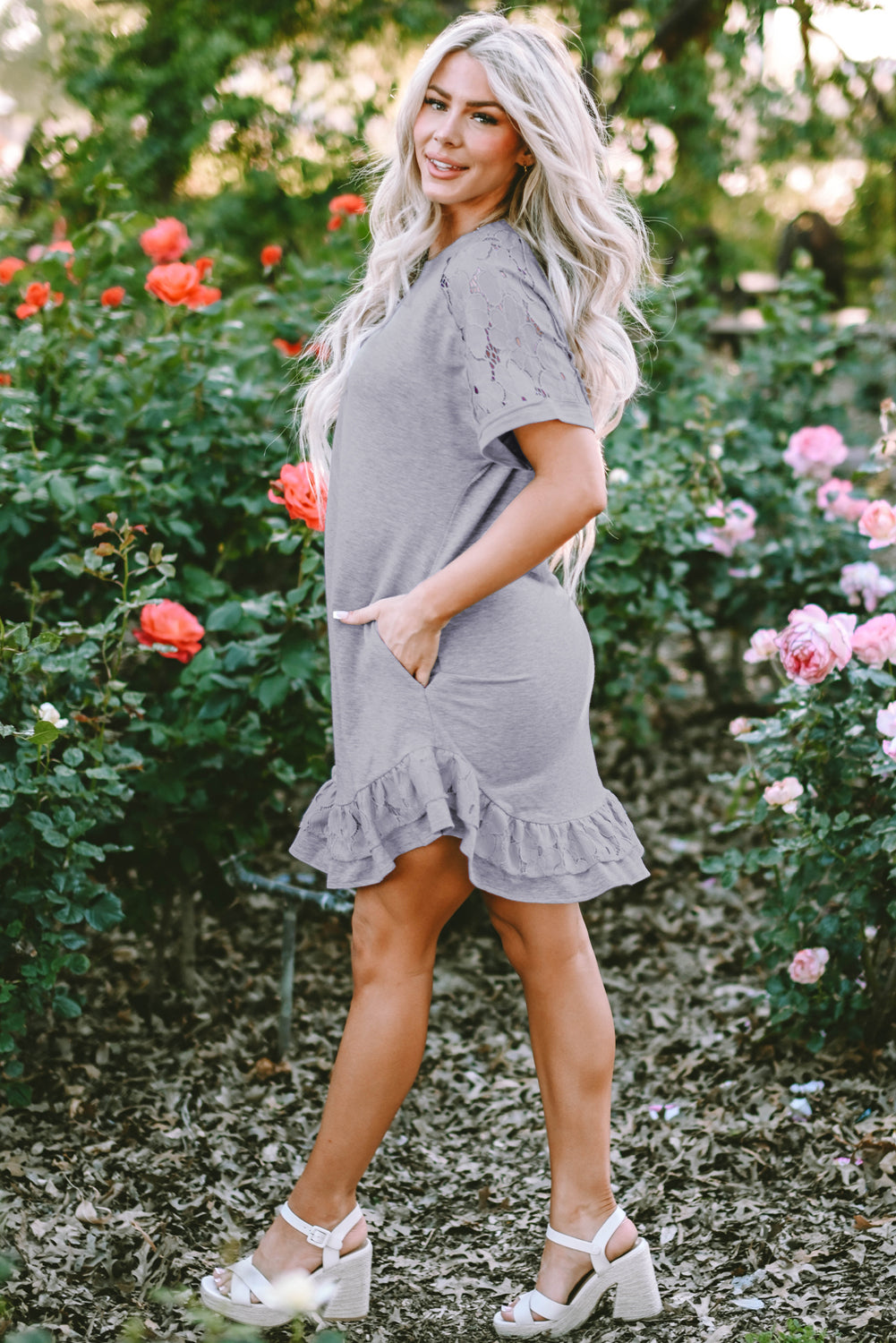 Light Grey Lace Floral Patchwork Ruffled T-shirt Dress