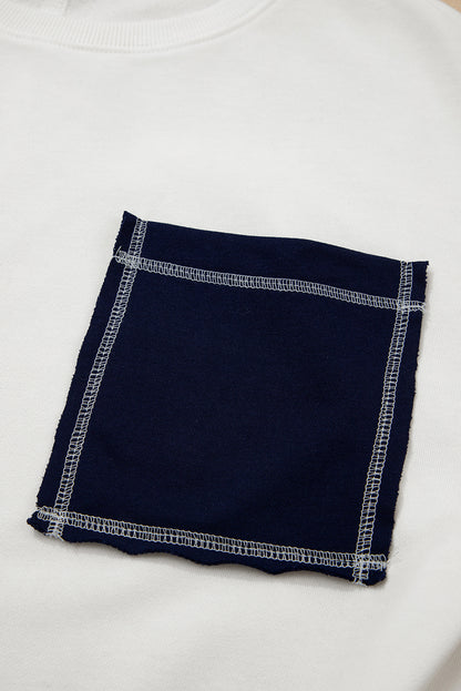 White Exposed Seam Detail Color Block Patch Pocket Drop Shoulder Sweatshirt