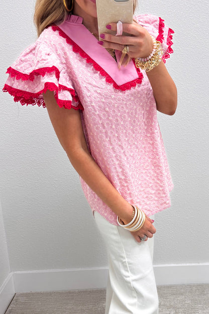 Beau Blue Eyelet Embroidered Flower Texture Contrast Lace Trim Flutter Sleeve Blouse