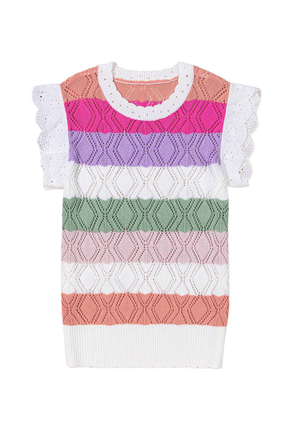 Rose Stripe Colorblock Hollowed Knit Scallop Edge Sweater Vest