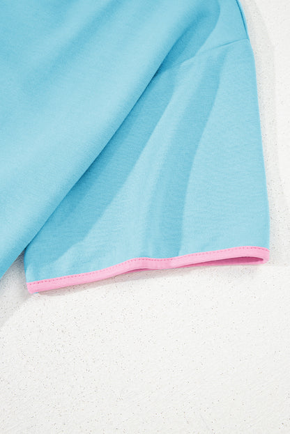Turquoise Colorblock Edge Drop Shoulder T Shirt and Skirt 2Pcs Set