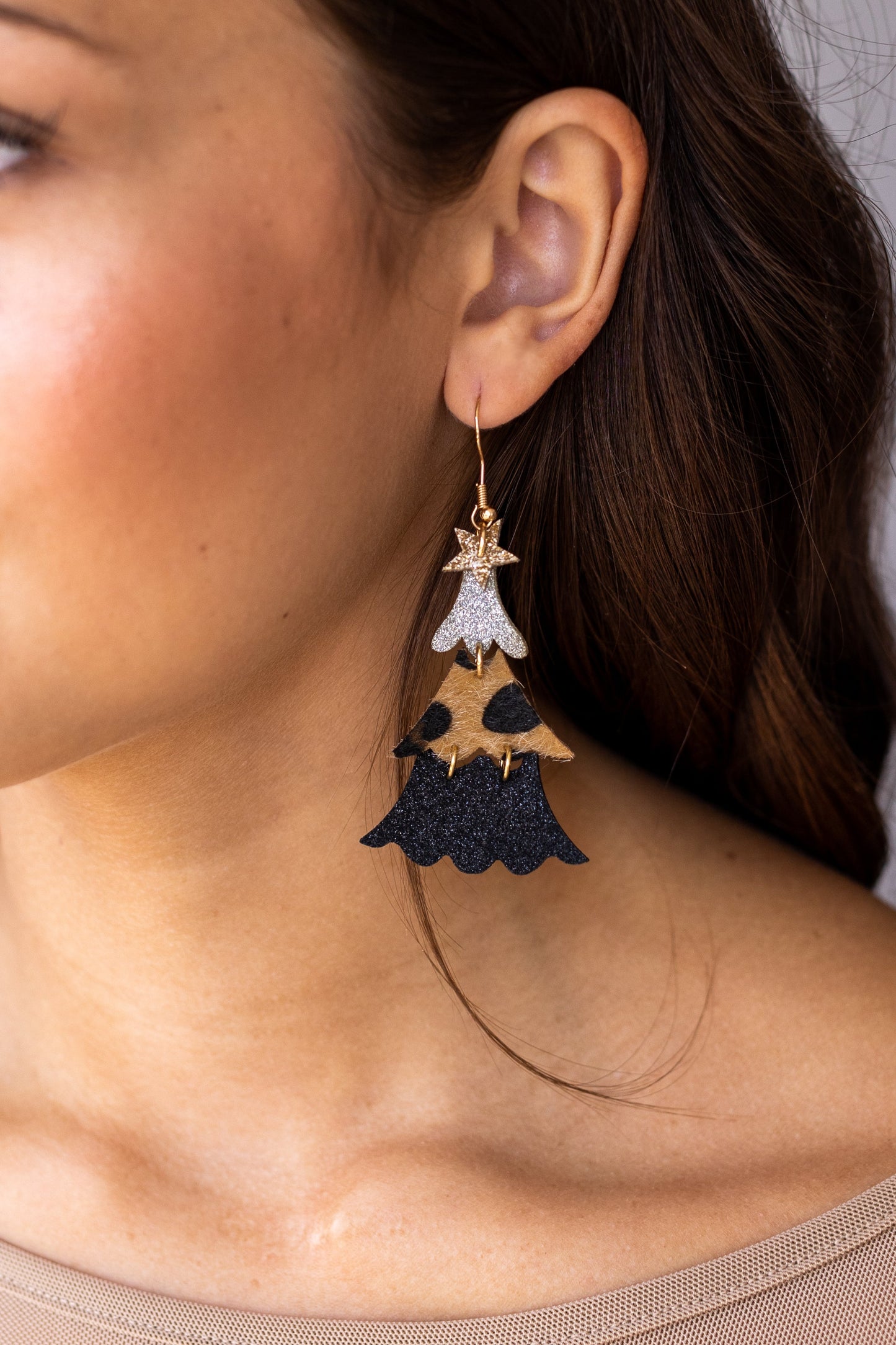 Leopard and Glitter Tiered Christmas Tree Earrings