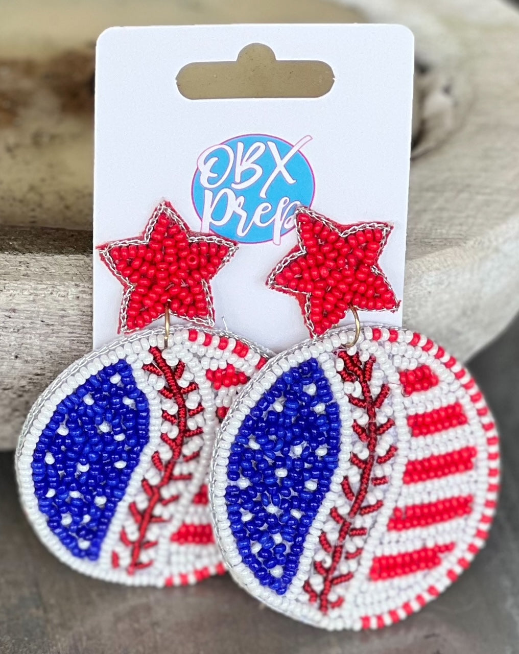 Patriotic Baseball Seed Beaded Earrings - OBX Prep
