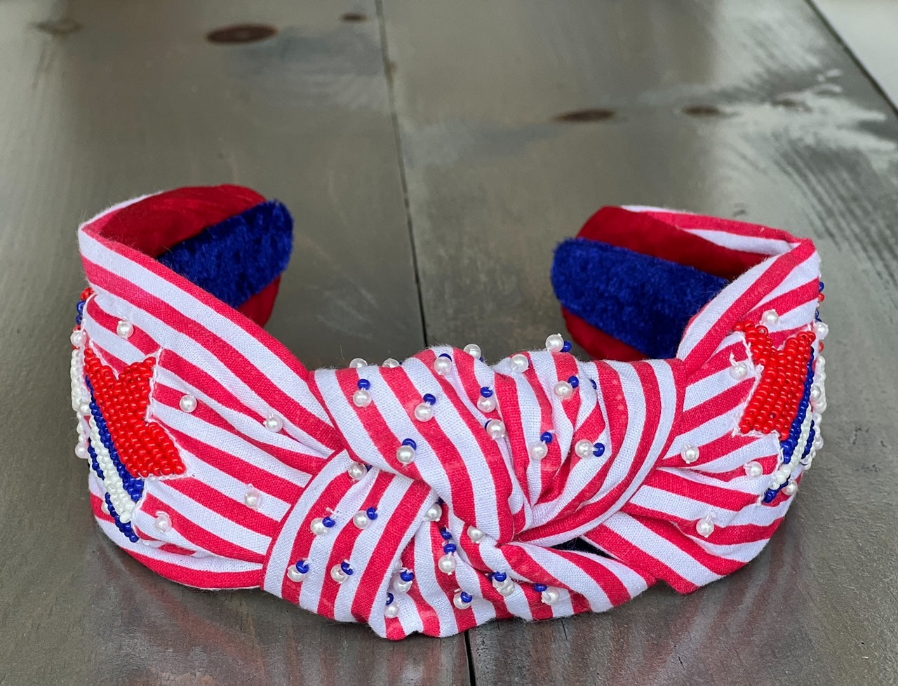 Patriotic Red White Stripe Star Top Knot Headband 4th of July - OBX Prep