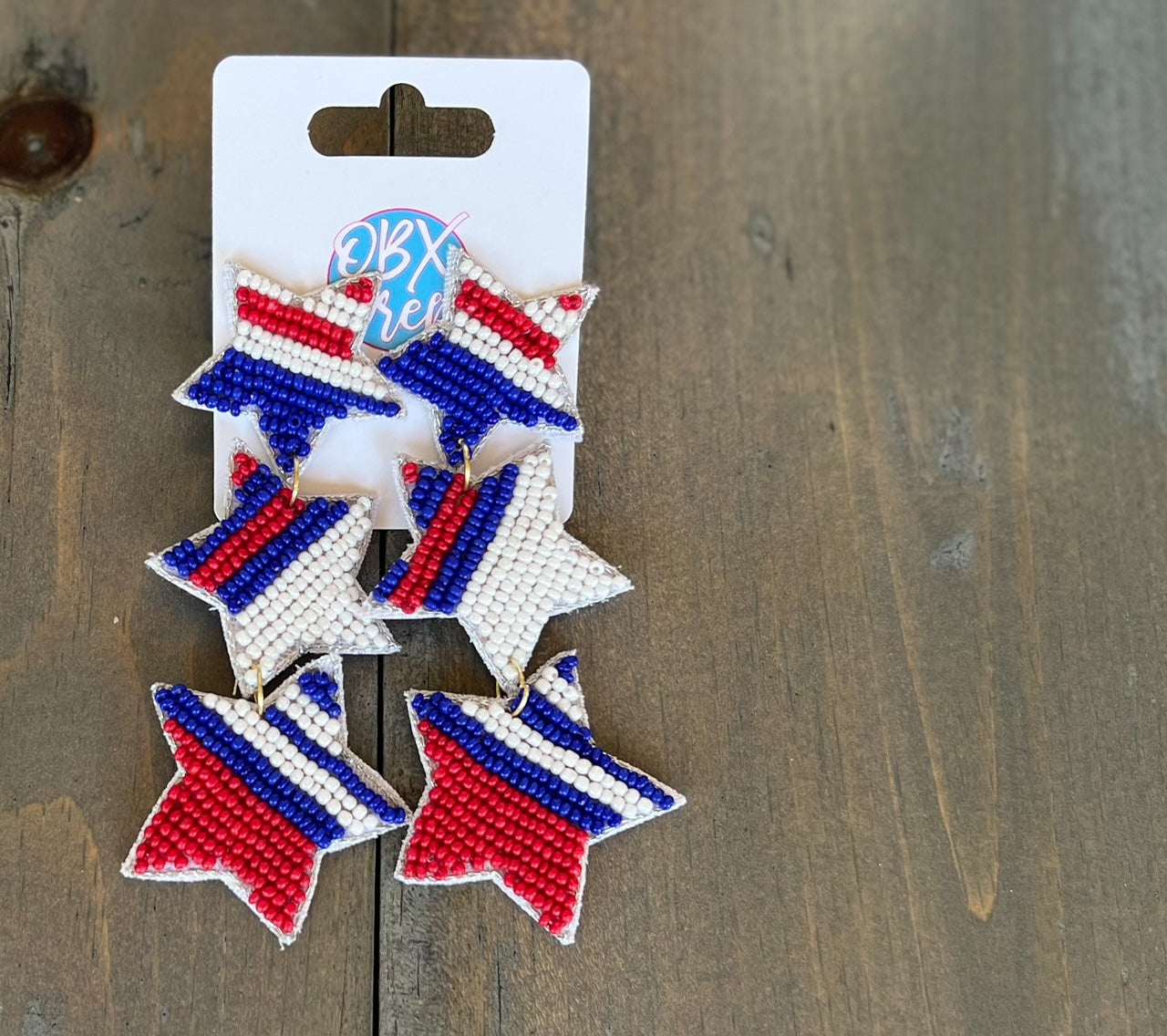 Patriotic Red White and Blue Striped Triple Stars Handmade Earrings - OBX Prep