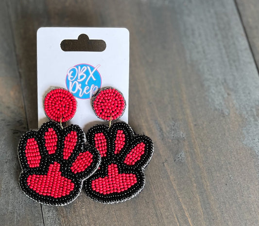 Paw Print Seed Beaded Earrings - Blue/White, Yellow/Purple, Black/Red - OBX Prep