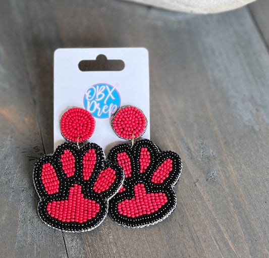 Paw Print Seed Beaded Earrings - Blue/White, Yellow/Purple, Black/Red - OBX Prep