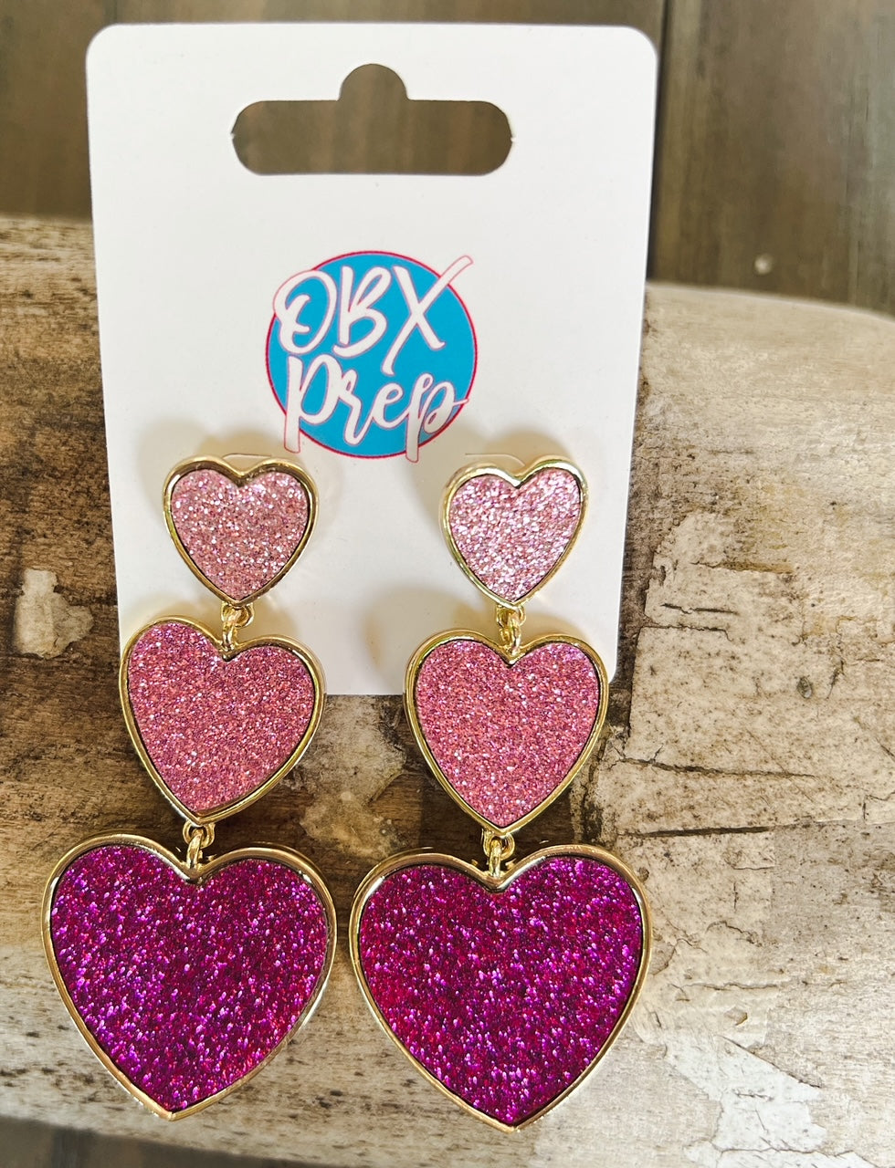 Glitter Pave Triple Heart Dangle Valentine's Day Earrings - OBX Prep