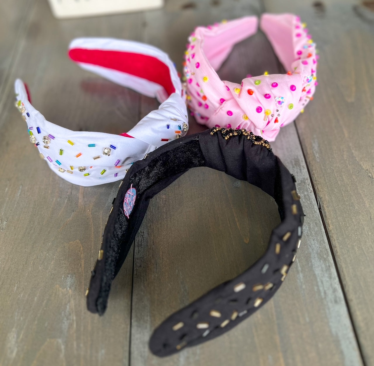 Confetti Beaded Top Knot Headband in Pink, Black and Gold, and White Multi-Colors WS