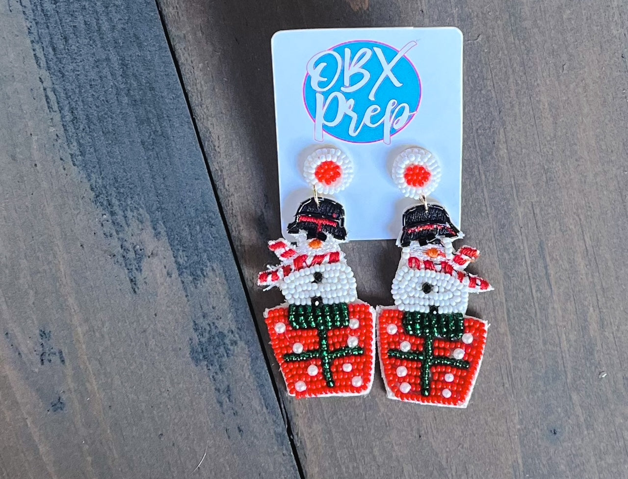 Christmas Snowman on Gift Seed Beaded Dangle Earrings - OBX Prep