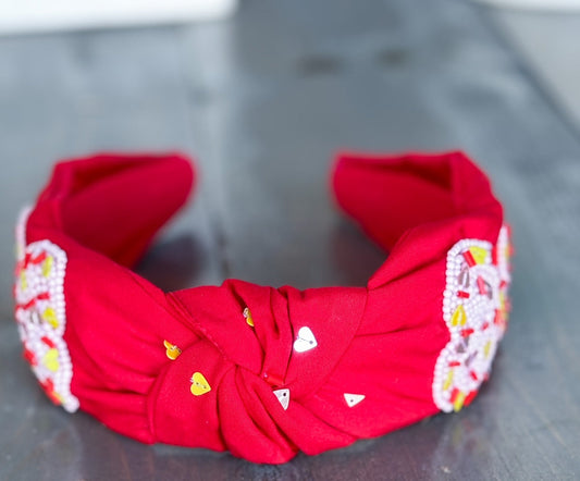 Valentine's Day Seed Beaded Sequin Confetti Hearts Top Knot Red Headband WS