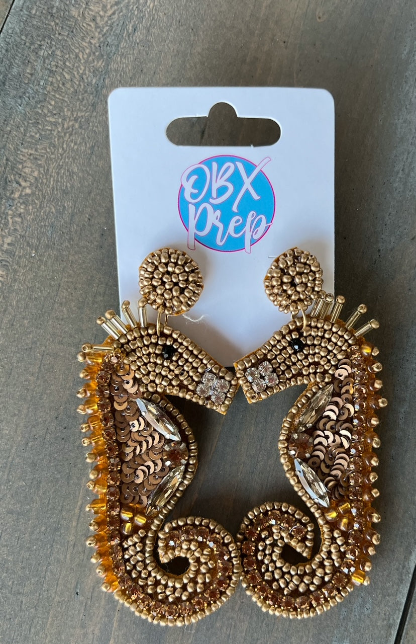Gold Seahorse Seed Beaded Dangle Earrings - OBX Prep