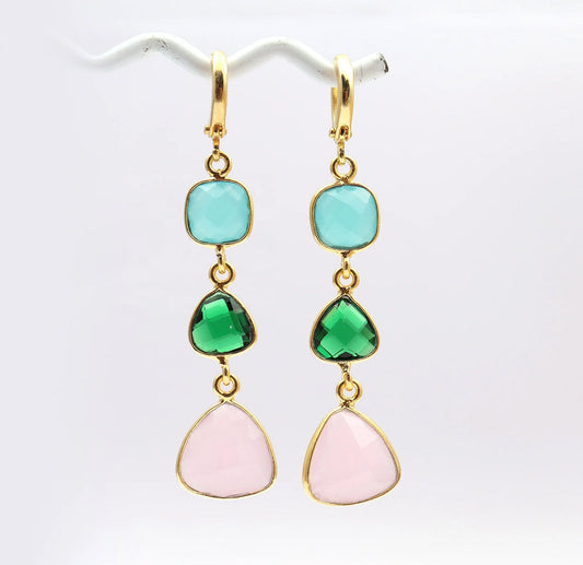 Chalcedony and Emerald Quartz Gemstone Gold Plated Bezel Earrings S Pre-Order