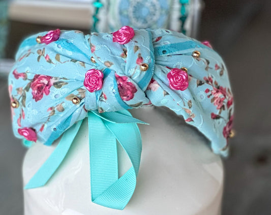 Spring Blues Flossie Rose Shabby Chic Beaded Top Knot Headband S