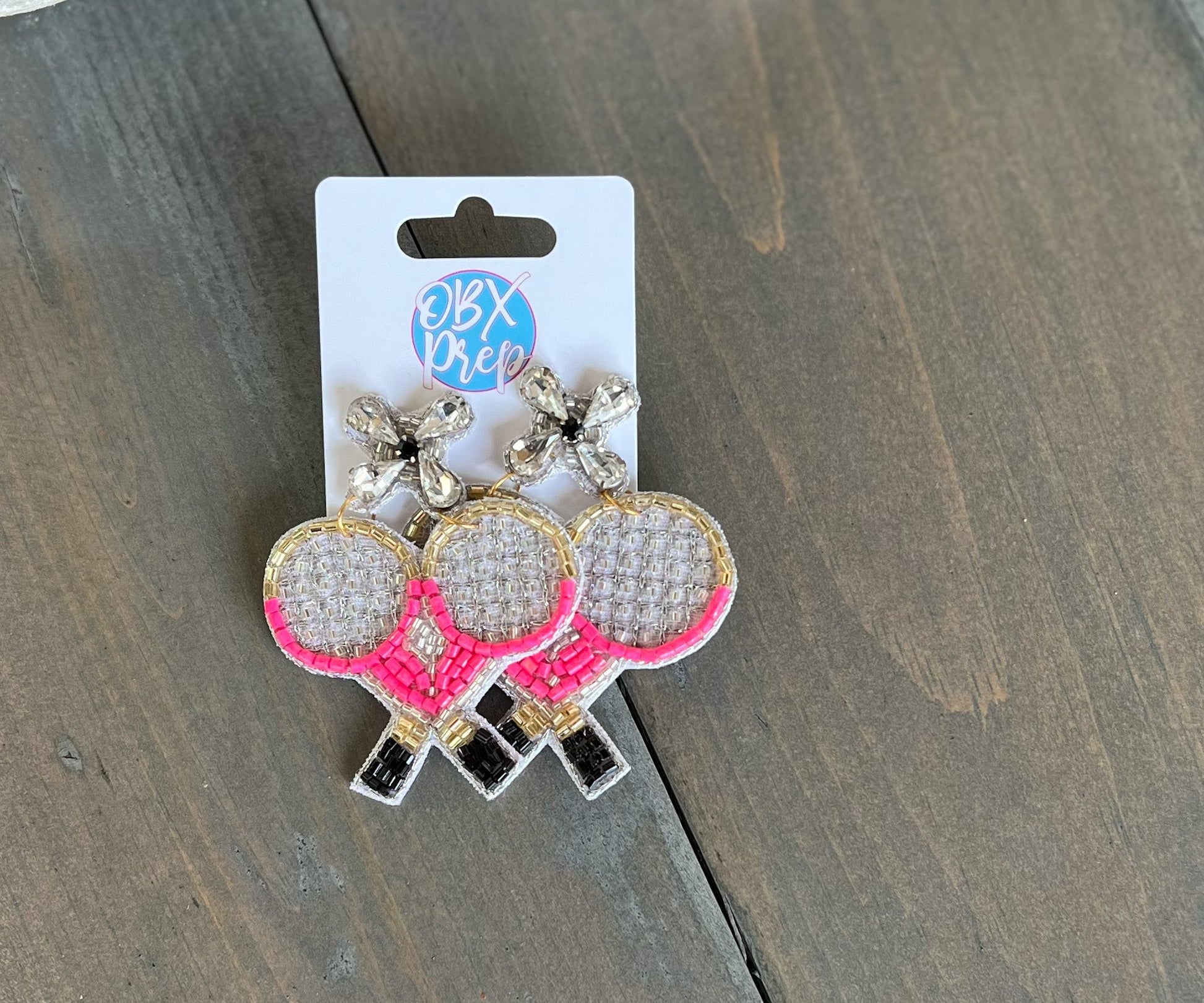 Pink Tennis Racquets Seed Beaded Drop Earrings - OBX Prep