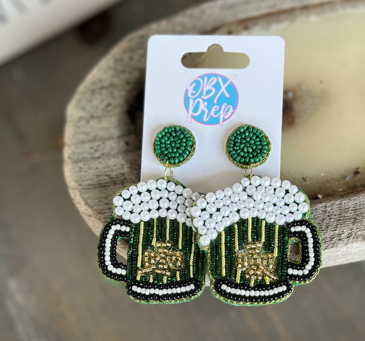 St Patrick's Day Clover Beer Pearl Beaded Dangle Earrings - OBX Prep
