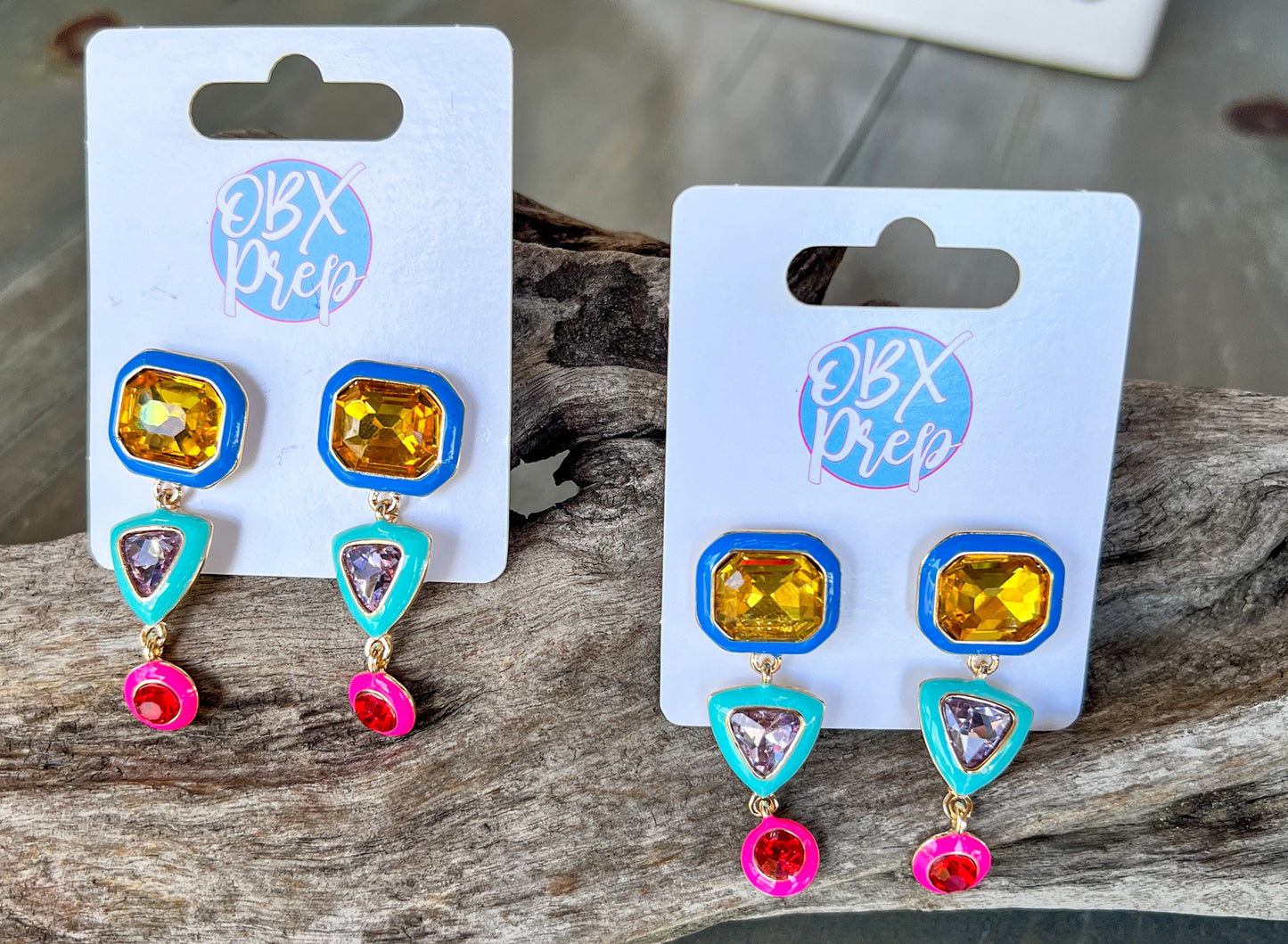 Geometric Bright Color Gemstone and Enamel Dangle Earrings.