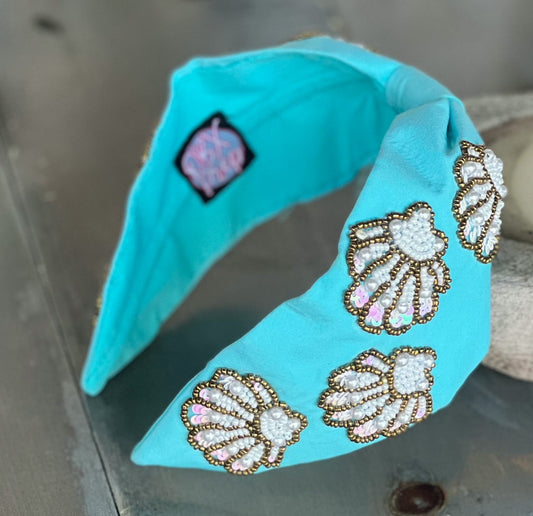 Seashell Seed Beaded Turquoise Top Knot Headband - OBX Prep