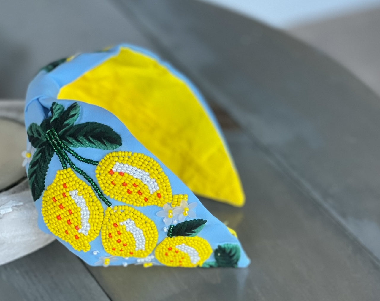 Lemons and Flowers Seed Beaded Top Knot Headband - OBX Prep