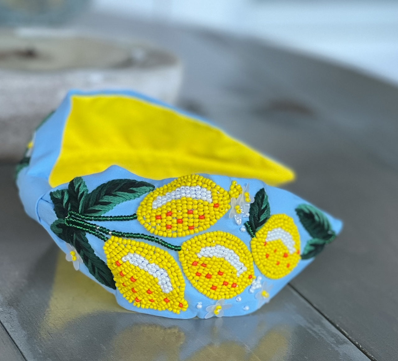 Lemons and Flowers Seed Beaded Top Knot Headband - OBX Prep