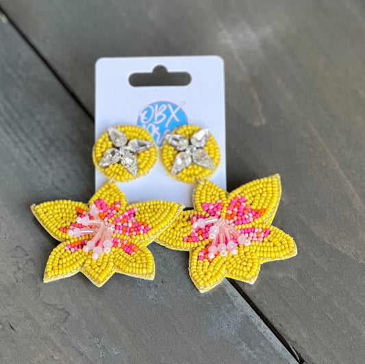 Yellow Hibiscus Beaded Dangle Earrings - OBX Prep