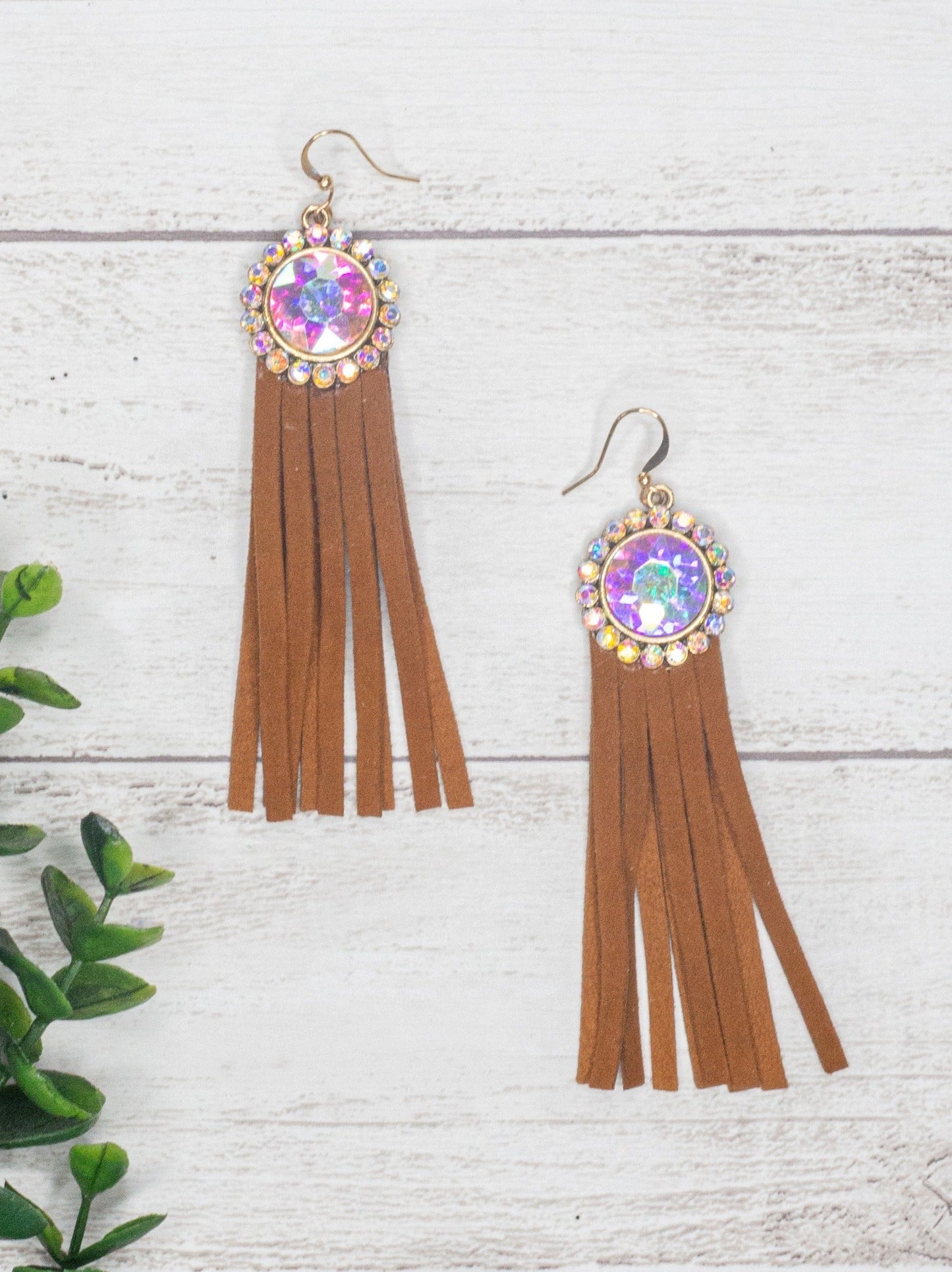 Texas Chica Floral Iridescent Crystal Brown Fringe Earrings