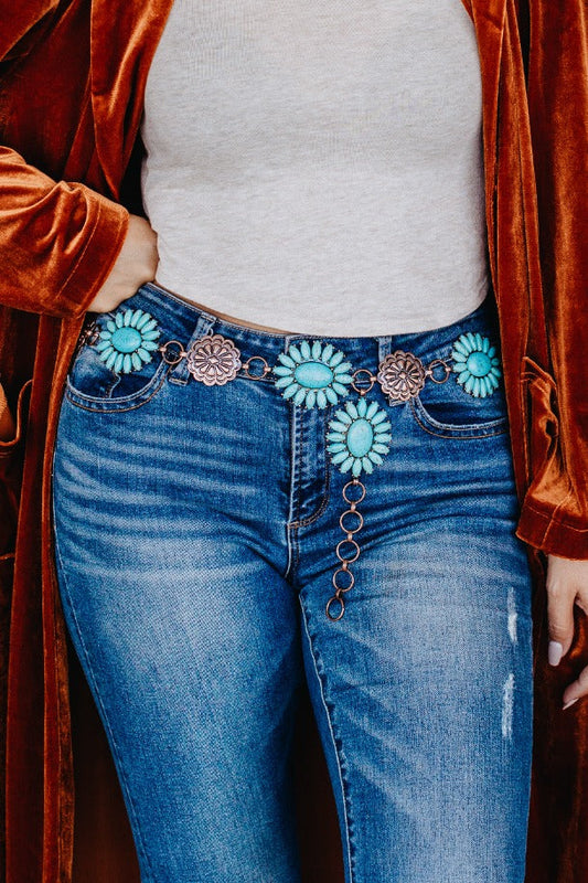 Forever Chasing Cowboys Copper Turquoise Floral Concho Link Belt Plus