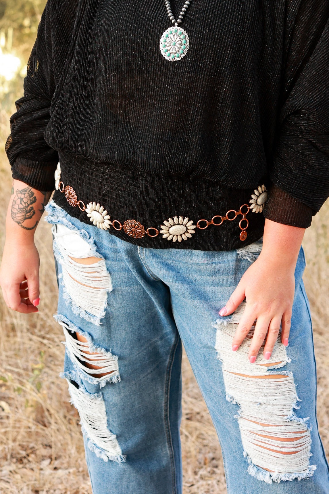 Forever Chasing Cowboys Copper Cream Floral Concho Link Belt Plus