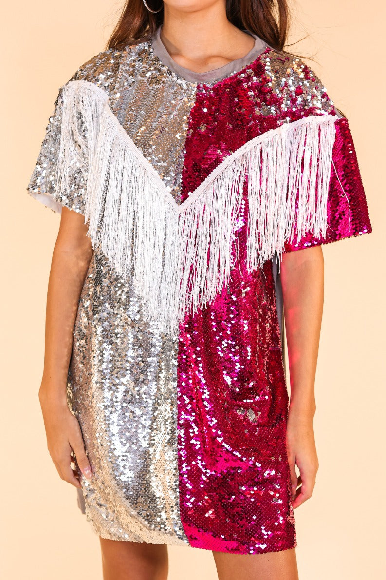 Putting On A Show Sequin Dress With Fringe