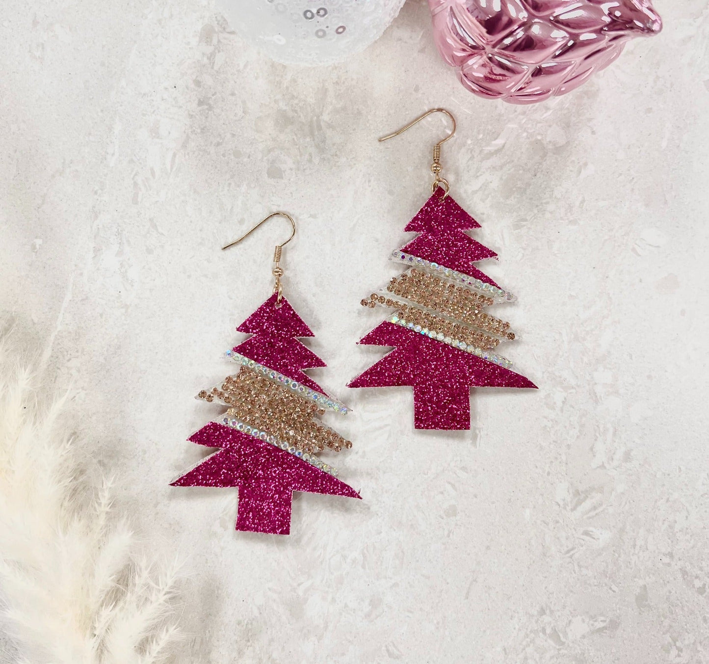 The Most Wonderful Of The Year Fuchsia Glitter Tree Earrings