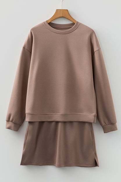 Coffee Solid Color Drop Shoulder Pullover Drawstring Mini Skirt 2pcs Outfit