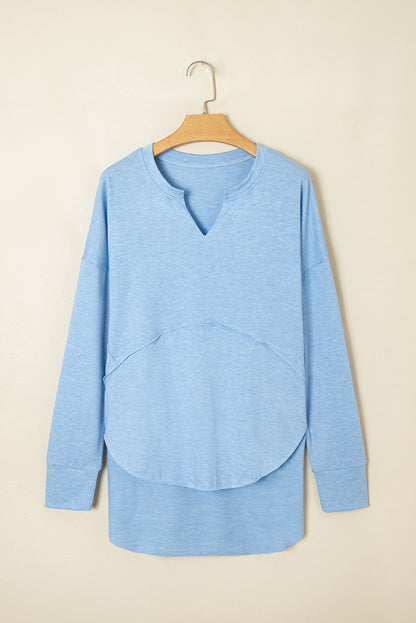 Myosotis Notched Neck Terry Raw Hem Long Sleeve Top