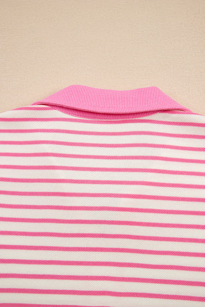 Green Stripe Collared V Neck Drop Shoulder Pullover and Skort 2pcs Outfit