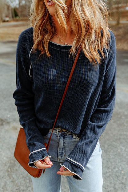 Gray Textured Round Neck Long Sleeve Top