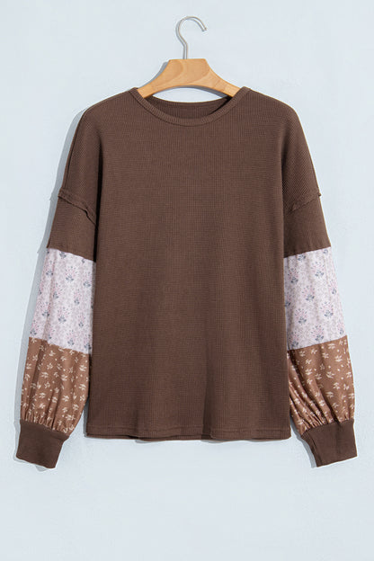 Coffee Floral Print Colorblock Long Sleeve Textured Loose Pullover Tunic Top