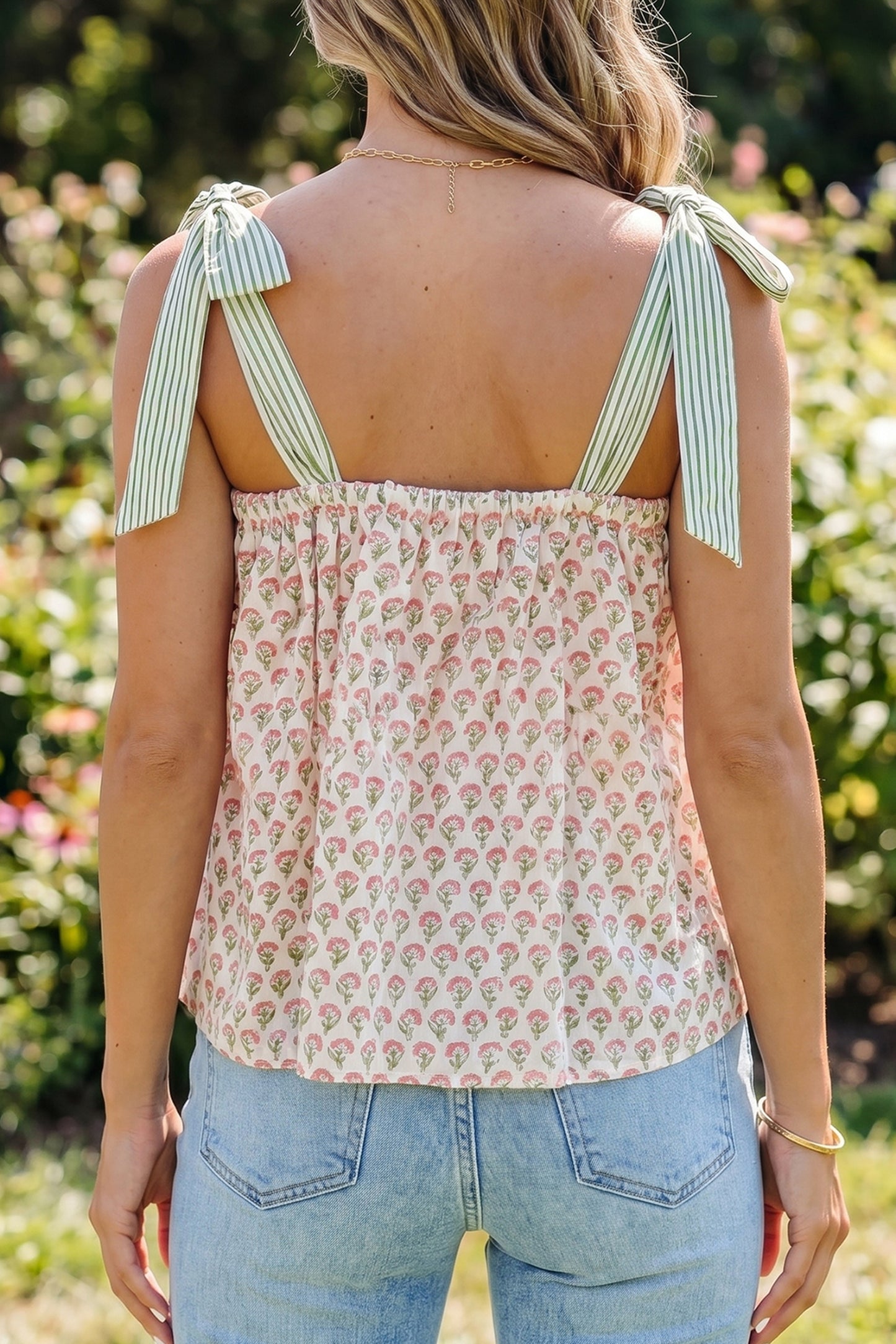 Green Fashion Printed Knot Straps Babydoll Tank Top
